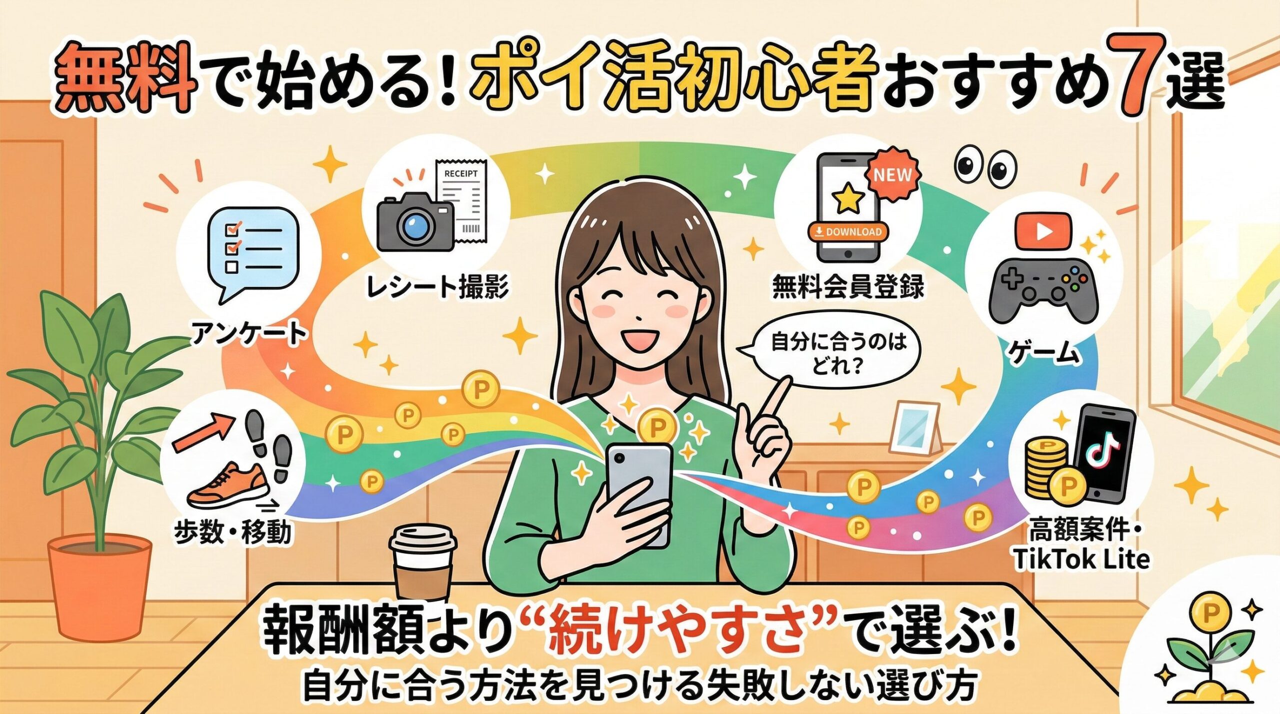 楽しげな日本人女性がスマートフォンを手に持ち、その画面から「アンケート」「レシート撮影」「歩数・移動」「無料会員登録」「広告視聴」「ゲーム」「高額案件・TikTok Lite」といった7つの無料ポイント獲得方法のアイコンが、カラフルなアーチを描いて流れている。女性の横の吹き出しには「自分に合うのはどれ？」とあり、下部には大きなテキストで「報酬額より“続けやすさ”で選ぶ！」、その下に「自分に合う方法を見つける失敗しない選び方」と書かれている。