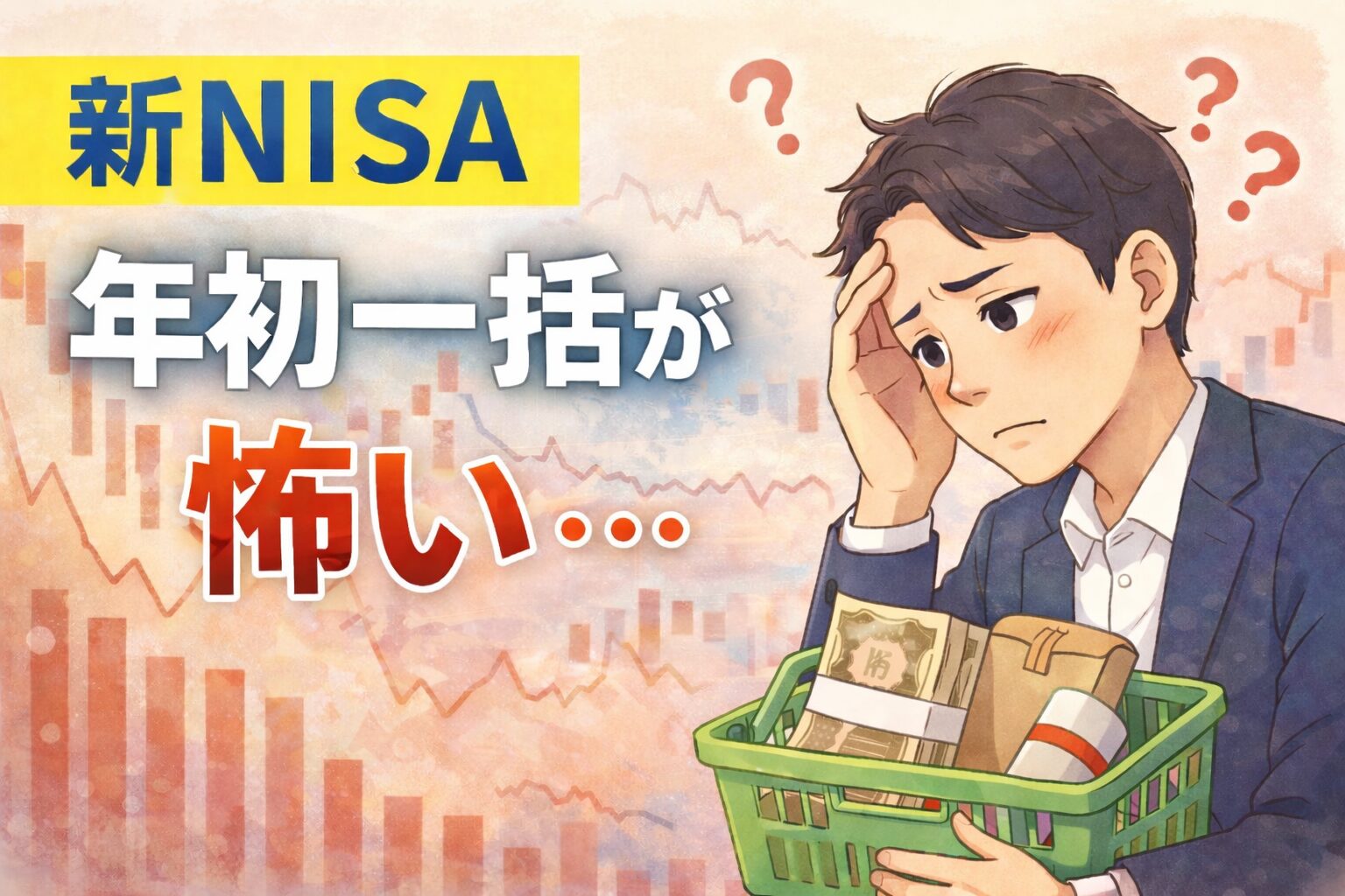 新NISAの年初一括投資に不安を感じる人のイラスト