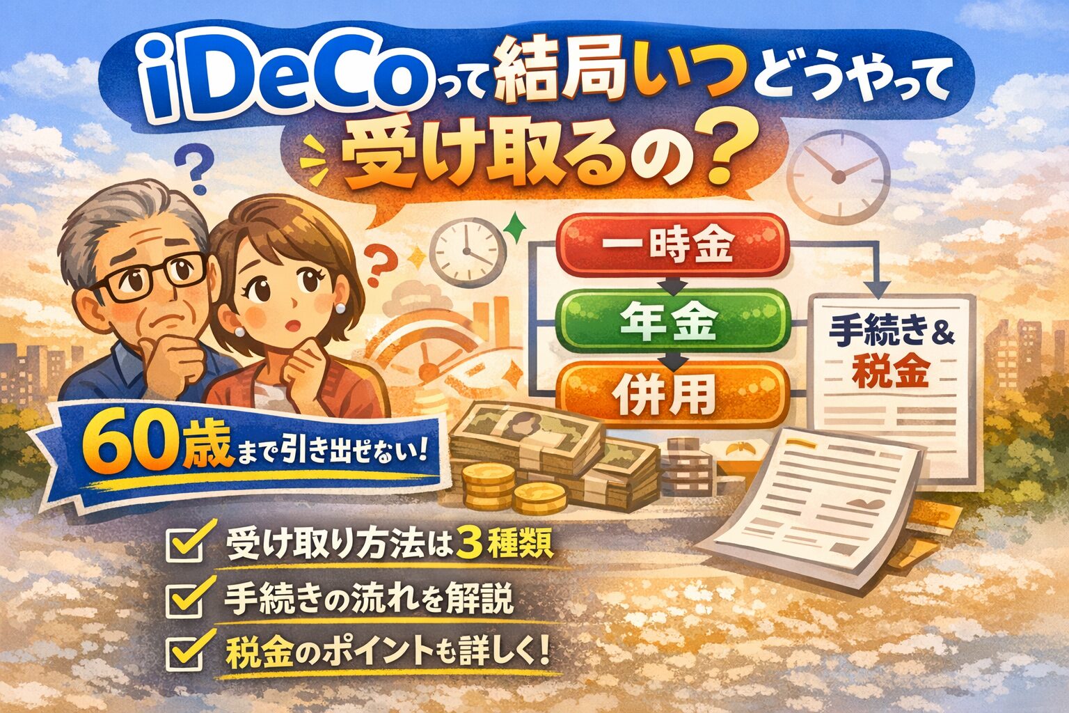 iDeCoはいつどうやって受け取るのかを、一時金・年金・併用の違いや税金とあわせて解説した図解アイキャッチ