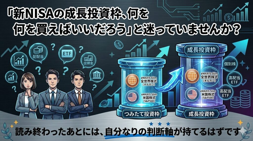 新NISA成長投資枠の選び方を解説するアイキャッチ画像。スタイリッシュなビジネスパーソンのイラストと、つみたて投資枠・成長投資枠の比較図。上部に「成長投資枠、何を買えばいいんだろう」という問いかけ、下部に「自分なりの判断軸が持てるはずです」というキャッチコピー。