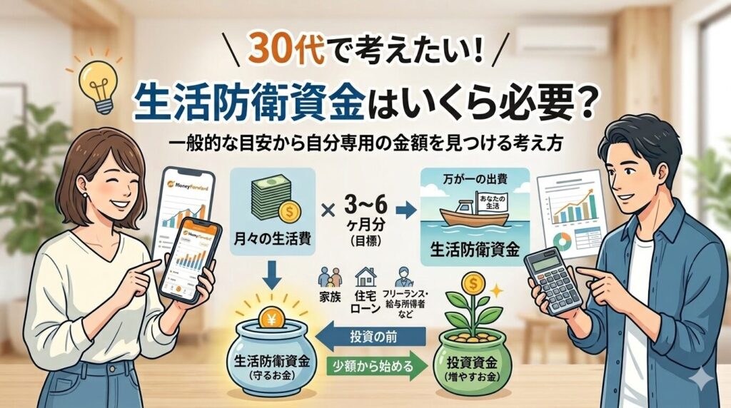 30代の男女が協力して、将来のために資産形成を計画している様子を描いた、生活防衛資金に関するブログ用アイキャッチ画像。上部に「生活防衛資金はいくら必要？」と大きな文字で表示され、その下に「一般的な目安から自分専用の金額を見つける考え方」というテキストが続く。中央には「月々の生活費×3〜6ヶ月分（目標）＝生活防衛資金」という計算の流れが視覚化されている。左側の女性はMoneyForwardアプリを、右側の男性は電卓を持っており、家族、住宅ローン、フリーランス・給与所得者などの変数アイコンも描かれている。下部には、生活防衛資金を「守るお金」として別枠で確保する重要性が強調されている。