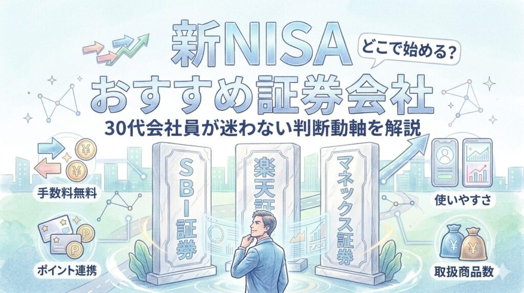 「新NISAおすすめ証券会社」の文字と、SBI・楽天・マネックスの3つの石碑を前に考える30代会社員のイラスト。水彩画風の淡く明るいタッチで、手数料無料やポイント連携などの判断基準がアイコンで描かれている。