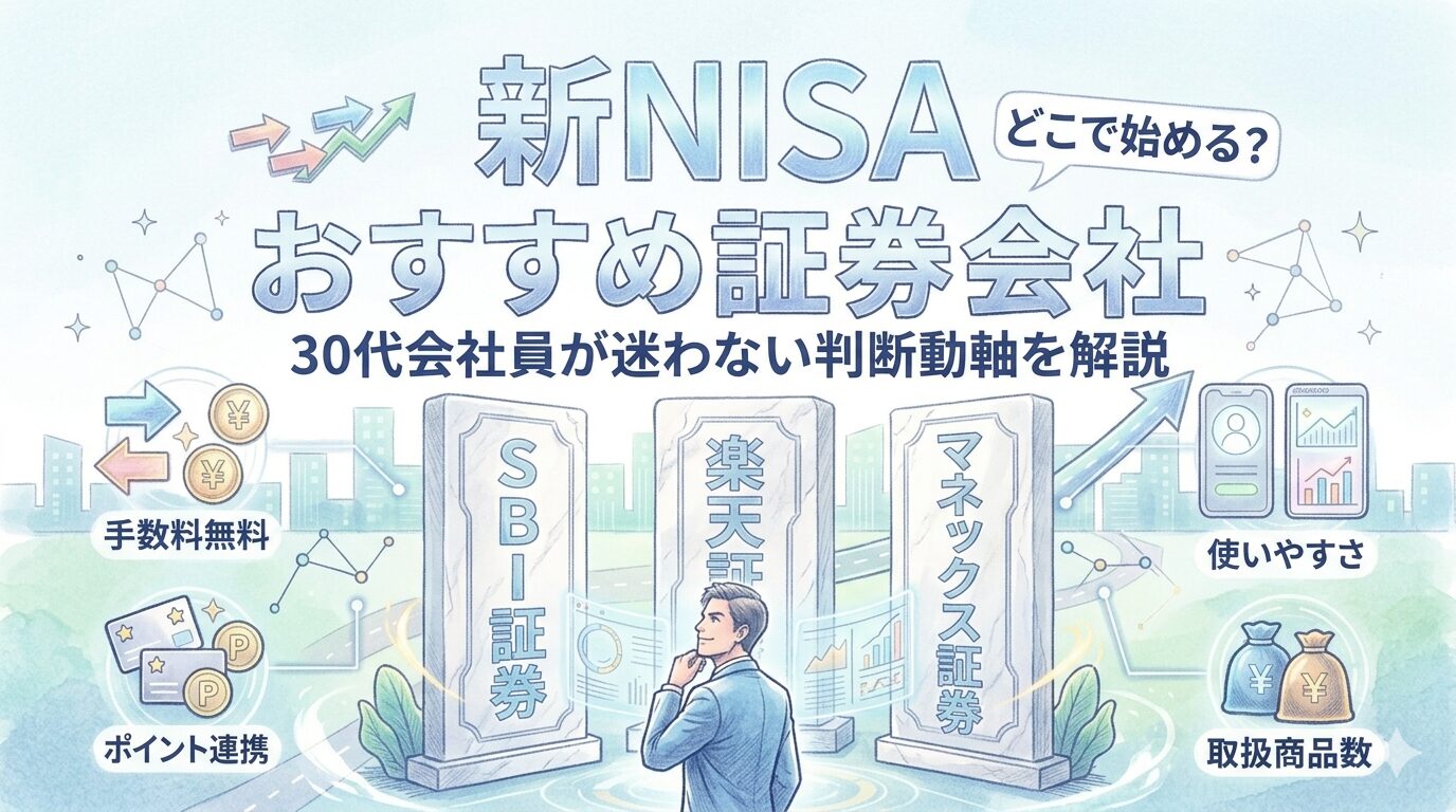 「新NISAおすすめ証券会社」の文字と、SBI・楽天・マネックスの3つの石碑を前に考える30代会社員のイラスト。水彩画風の淡く明るいタッチで、手数料無料やポイント連携などの判断基準がアイコンで描かれている。