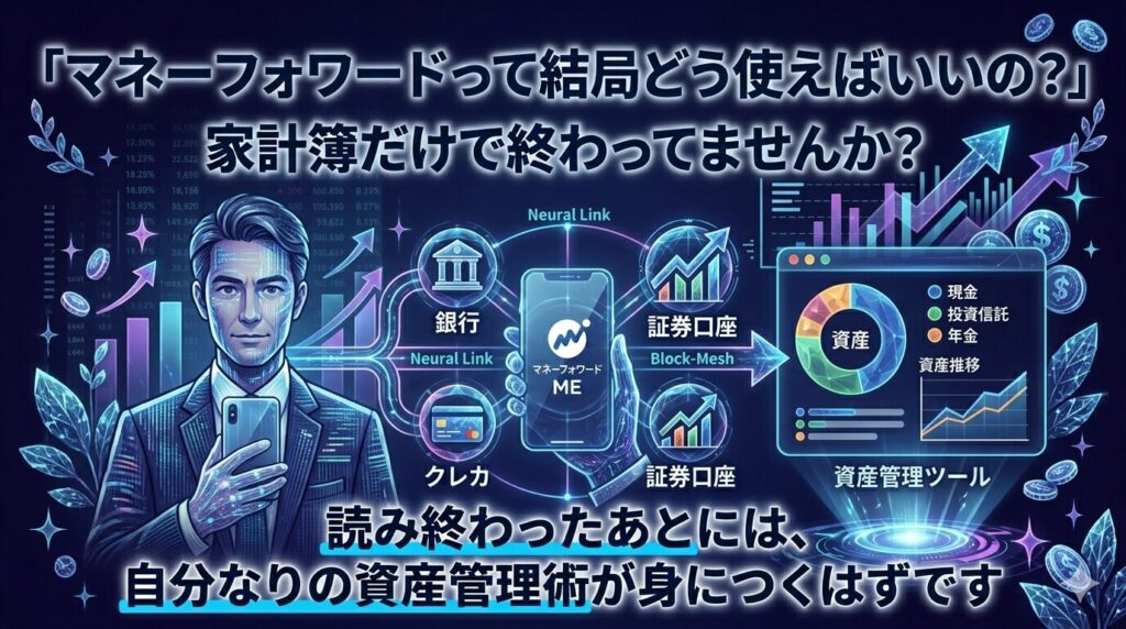 マネーフォワード MEによる資産管理のデジタルツインをイメージしたアイキャッチ画像。ネオンブルーのグリッド背景に、複数の金融機関データがリアルタイムで統合され、資産の全体像が可視化されるプロセスを近未来的なグラフィックで描いている。